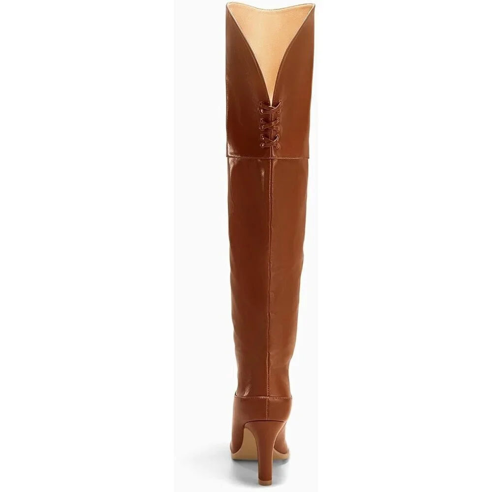 Womens Brown Synthetic Thigh High Pointed Toe Chunky Heel Over the Knee Boots